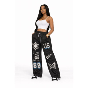 Black Graphic Print Jogger Pants  US New York Street Style Trousers